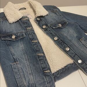 Y2K Retro Sherpa Lining & Collar Blue Denim Spring Jacket 1970 Hippy Vibe Small